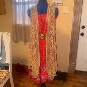 Red Floral Maxi Skirt with Tie Waist